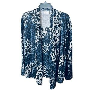 Alfred Dunner plus size open front leopard cardigan built-in tank 1X gray blue